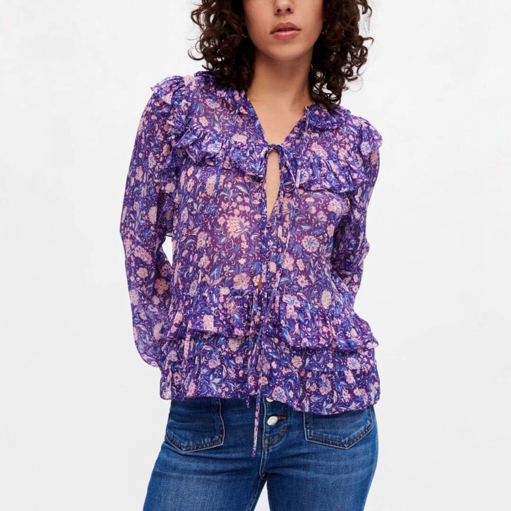 Maje Loleta Dahlia Purple Floral Ruffles Long Sleeve Blouse Size Small